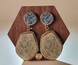 Faux Druzy Teardrop Dangle Earrings Green Gold Tone Rhinestones Crystal Boho
